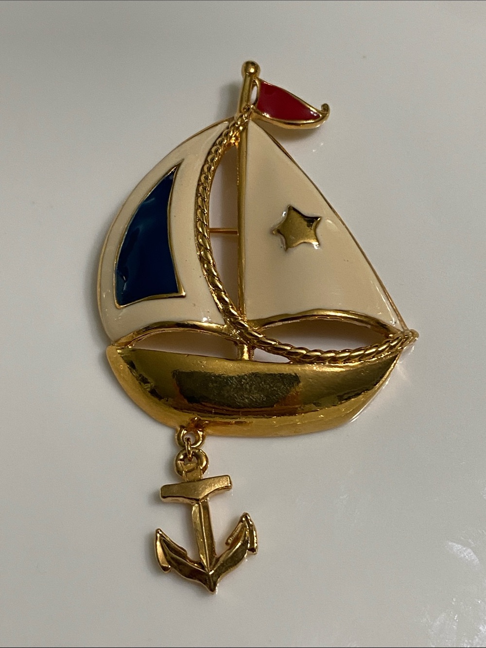 Avon Gold Sailboat Brooch with Dangling Anchor